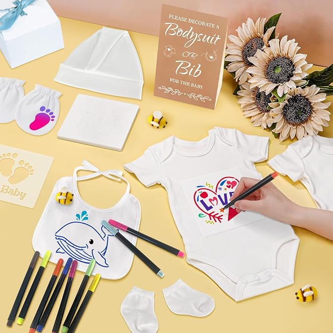 78PCS Baby Bib Bodysuit Baby Shower Set Baby Shower Game Sign Baby Feede Bib Newborn Bodysuit Fabric Marker