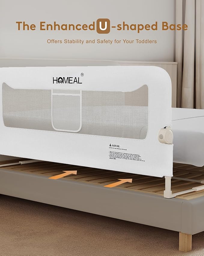 HOMEAL Bed Rail for Toddlers, 59" Extra Long Swing Down Bed Rail Guard with Double Reinforced Stability, Foldable Metal Safety Guard for King, Queen, Full & Twin Beds, White