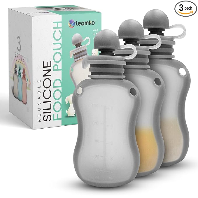 TEAMKO Silicone Reusable Baby Food Pouches: BPA-Free and Eco-Friendly, Baby Food Pouches Refillable for Feeding Essentials, 5 oz Reusable Pouches for Toddlers and Babies (3-Pack)