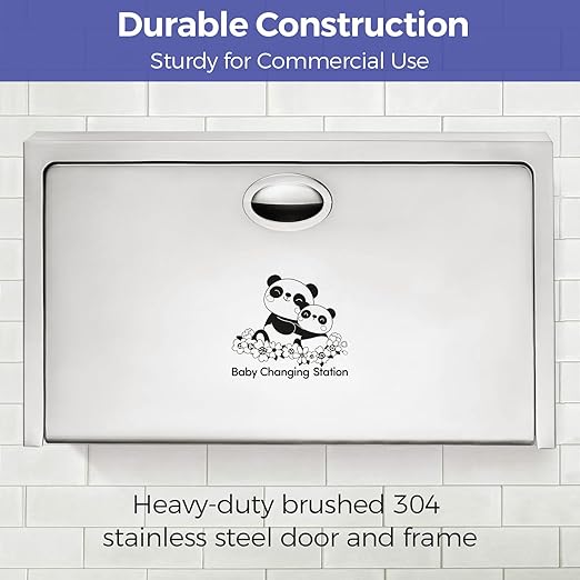 Stardrix Panda Care Stainless Steel Surface Mounted Baby Changing Station, Heavy Duty Foldable Diaper Changing Table with Liner Dispenser and Adjustable Safety Belt for Commercial and Business