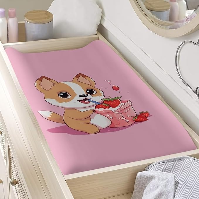 Changing Pad Covers for Boys Girls, Pink Corgi Diaper Changing Table Pad Cover Soft Breathable Changing Mat Cover for 32''x16" Cute Birthday Gifts for Baby