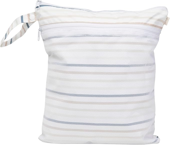 Ali+Oli Water Resistant Dual-Compartment Wet-Dry Bag for Travel, Hook to Stroller, Daycare, Diapers, Diaper Bag, Clutch Bag,15x12 inches (Pin Stripes)