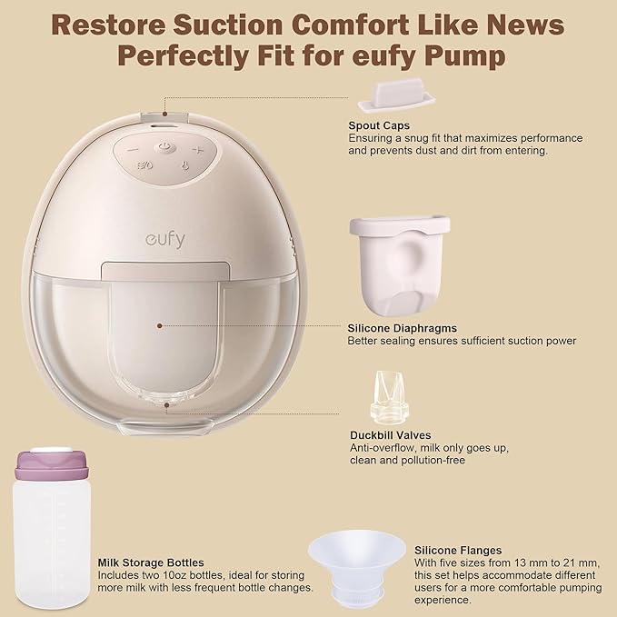 Breast Pump Replacement Parts Kit Compatible with Eufy Electric Wearable Breast Pumps E10 / E20 / S1 / S1 Pro, 10PCS Includes 4 Spout Caps, 4 Duckbill Valves & 2 Silicone Diaphragms, BPA Free