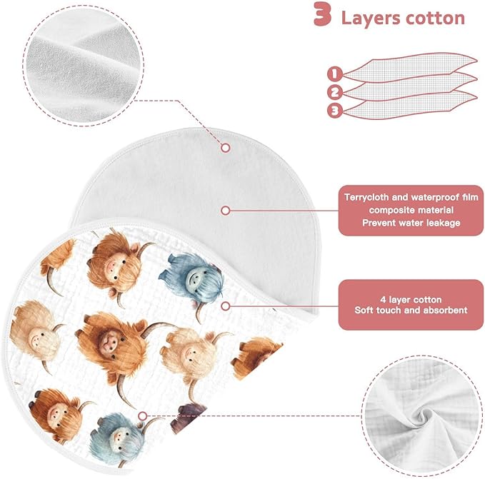 4Pcs Cute Highland Cow Pattern Burp Cloth,Unisex Large Absorbent Soft Cotton Muslin Burping Cloths for Newborn Boys Girls,11x22in,A110858