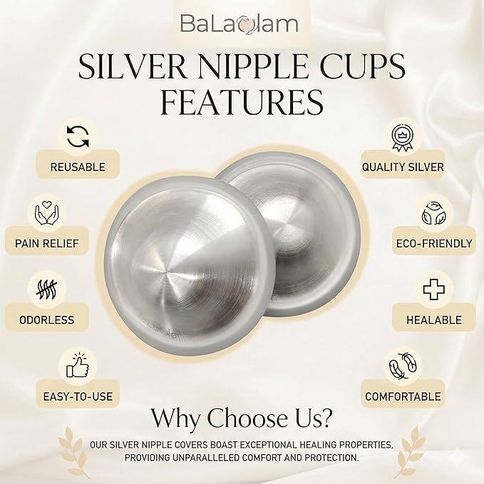 999 Pure Silver Nursing Cups for Breastfeeding – Lactation Consultant Recommended – Natural Soothing Relief for Sore or Cracked Nipples – Includes 2 Silicone Rings and Travel Case