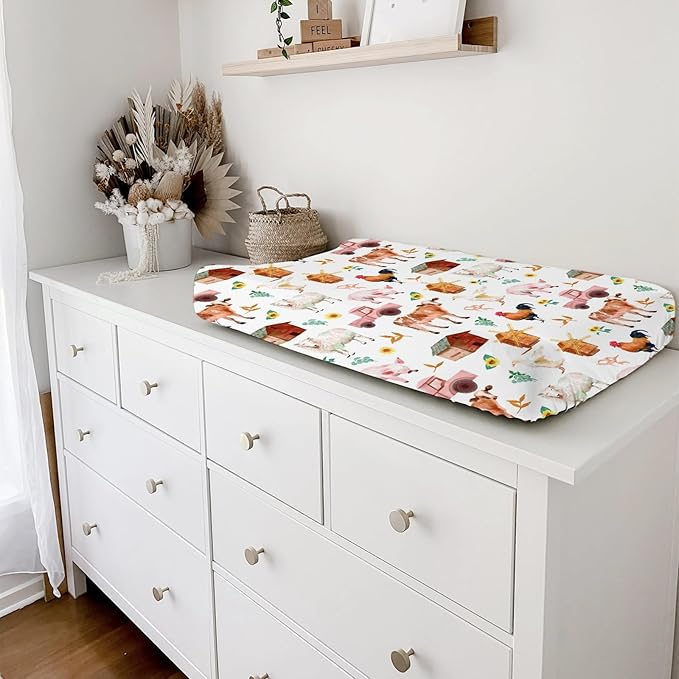 Watercolor Farm Animals Changing Pad Cover Barn Cow Lamb Chicken Pig Hen Duck Tractor Diaper Change Table Cover Sheets for Boys Girls Soft Stretchy Fitted Changing Mat Sheets
