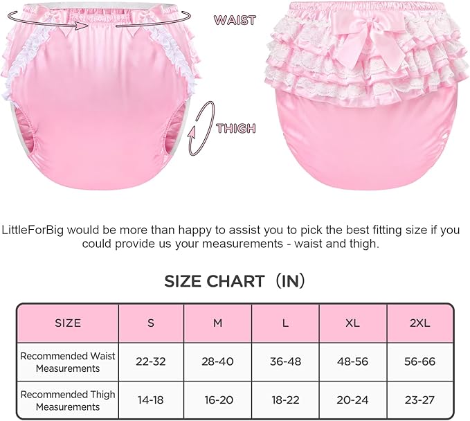 Littleforbig Washable Reusable Waterproof Ruffled Lace Bow Pretty in Pink Satin Over Adult Diaper Cover XL