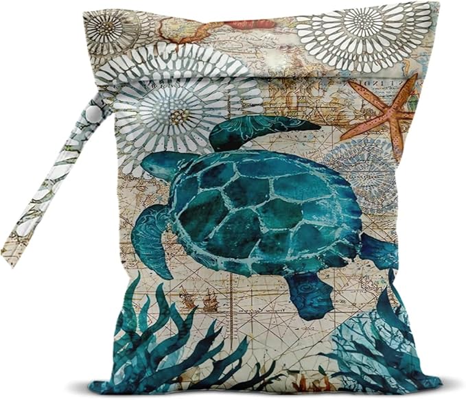 Turtle Wet Bags 12x10 Inch, Sea Weed Waterproof Travel Laundry Bags, Shell Washable Reusable Wet Dry Bag for Swimsuit Beach Diapers Dirty Yoga Gym Clothes, Sea Turtle Gifts for Women Friend Travelers