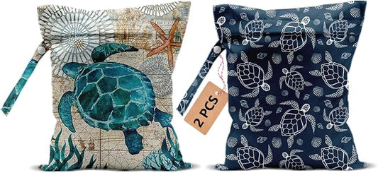 2Pcs Turtle Wet Bags 12x10 Inch, Shells Starfish Waterproof Wet Dry Bags, Sea Weed Washable Travel Laundry Bag for Swimsuit Beach Diapers Dirty Yoga Gym Clothes, Sea Turtle Gifts for Women Friend