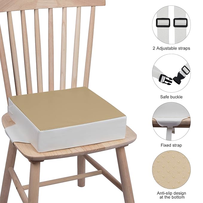 Toddler Booster Seat for Table, Waterproof PU Washable Thick Seat with 2 Adjustable Straps Safety Buckle