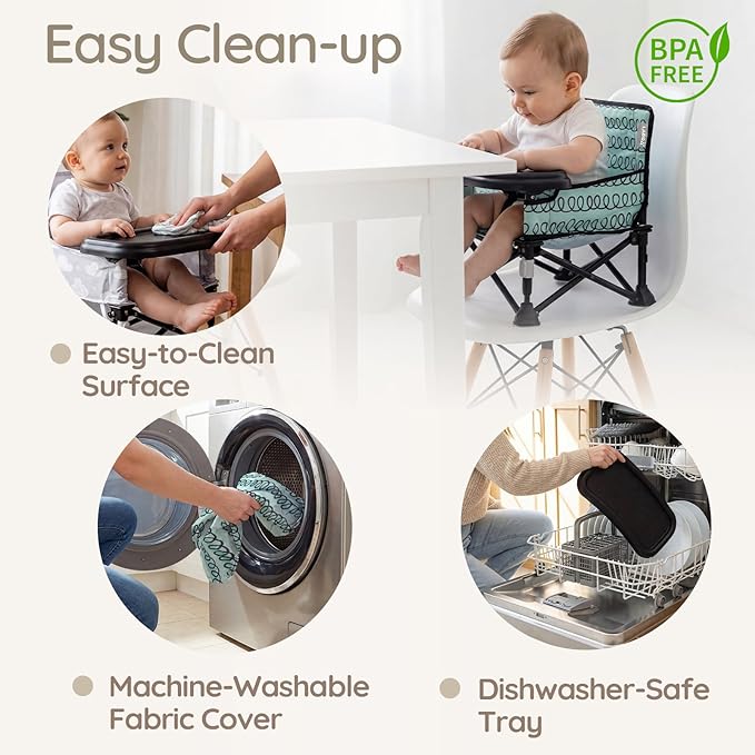 Toddler Booster Seat for Dining Table & Kitchen Chair - Portable Foldable with Removable Tray, Baby Camping Chair 6-36 Months Indoor Outdoor (Green Stripe)