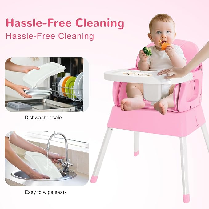 BOSEDSANG 4-in-1 Baby High Chair, Convertible Highchair for Babies and Toddlers, Portable High Chair with Foldable Design, Booster Seat for Kitchen, Dining & Outdoor Use, Easy to Clean & Storage(Pink)