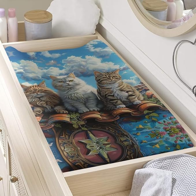 Changing Pad Covers for Boys Girls, Fancy Cat Diaper Changing Table Pad Cover Soft Breathable Changing Mat Cover for 32''x16" Cute Birthday Gifts for Baby