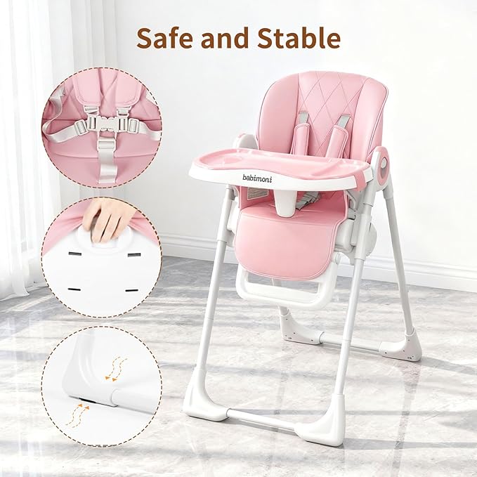 babimoni 4 in 1 High Chairs for Babies and Toddlers, Foldable Baby High Chairs, Feeding and Eating Seat Highchair with 4 Levels of Recline and 7 Levels of Height Adjustment, Pink
