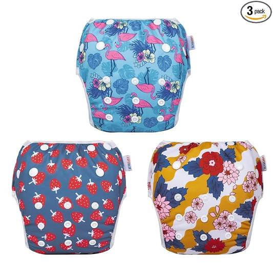 ALVABABY 3 Pack Large Swim Diapers, Baby/Toddler/Infant Snap Adjustable Reusable Swimming Diaper Baby Gift for Boy and Girl 3ZSWY40
