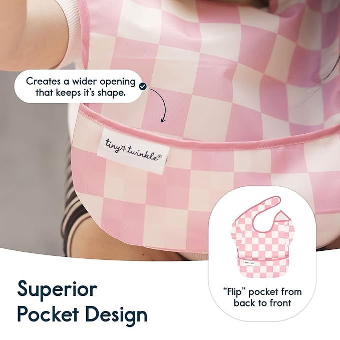 Tiny Twinkle Mess-Proof Baby Bibs for Eating | Waterproof, Wipeable Toddler Bibs with Catch-All Pocket | Feeding Bibs for Girls & Boys(3 Pack,Checkers Girl)