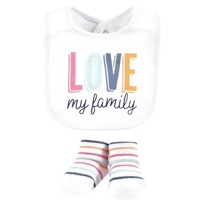 Hudson Baby Infant Girl Cotton Bib and Sock Set, Love Family, One Size