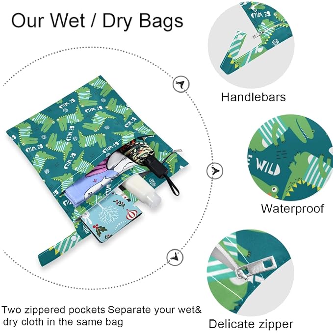 visesunny Crocodile Cartoon 2Pcs Wet Bag with Zippered Pockets Washable Reusable Roomy for Travel,Beach,Pool,Daycare,Stroller,Diapers,Dirty Gym Clothes, Wet Swimsuits, Toiletries