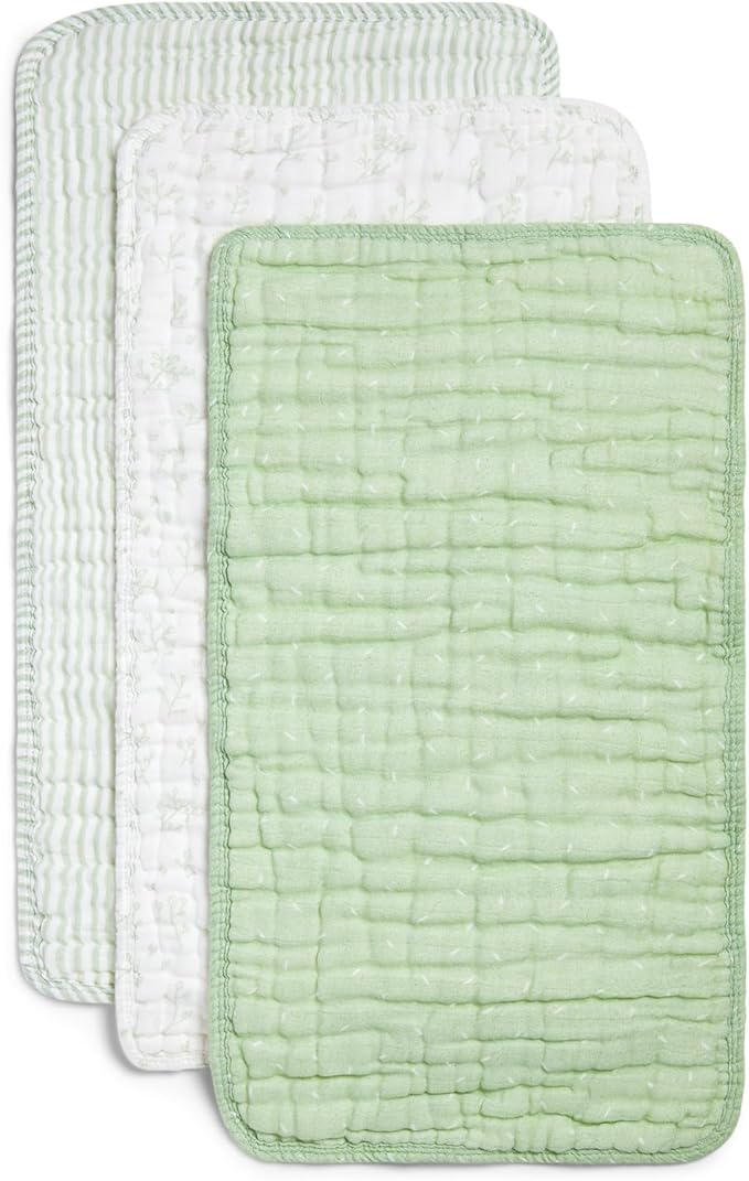 Nana Baby Burp Cloths – 100% Organic Cotton, Oversized & Hypoallergenic, 8-Layer Muslin, Machine Washable, Neutral Unisex Colors, Gentle on Sensitive Skin, Set of 3 (Green)