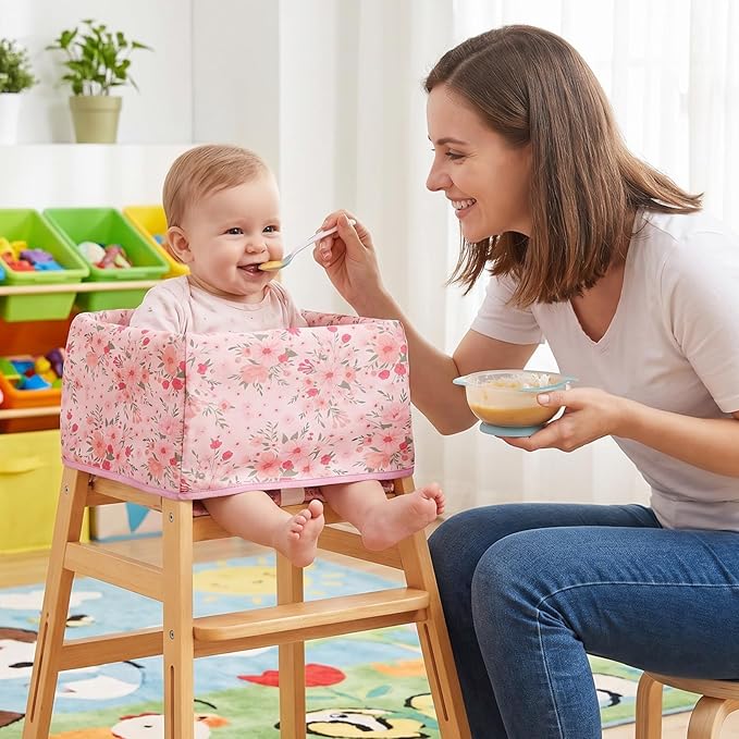 BEBOAN High Chair Cover for Restaurant, Portable Highchair Seat Covers with 3-Point Adjustable Safety Harness and Bag, for Eating/Travel/Home Use, Machine Washable, Fit Wooden Chairs (Pink Flower)