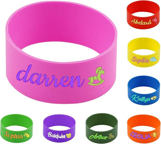 6 Pcs Personalized Water Bottle Name Bands, Silicone Daycare Labels, Waterproof Bottle Labels Cute Daycare Essentials Printable Sippy Cup Strap Gifts