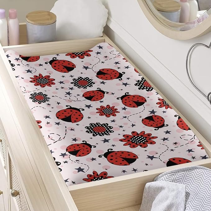 Cute Changing Pad Cover for Baby Ladybug Diaper Change Table Covers with Elastic Edge Easy to Install Baby Nursery Diaper Changing Pad Sheets Gift for Holiday