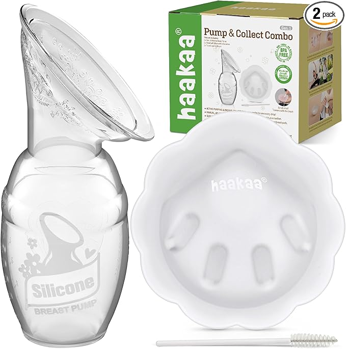 haakaa Manual Breast Pump for Breastfeeding 4oz/100ml and Petal Milk Collector Combo丨Food-Grade Silicone, Breast Milk Catcher for Leaking Milk with Cleaning Brush