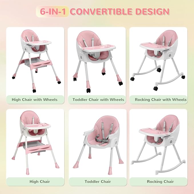 Ktaxon Baby High Chair, 6-in-1 Portable Feeding Rocking Seat with Adjustable Backrest, Removable Tray and 5-Point Safety Harness, Travel Folding Highchair for Toddlers & Babies, Pink