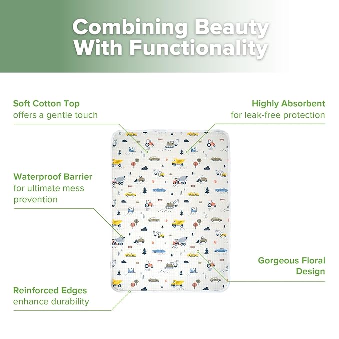 haakaa Waterproof Changing Pad Liners, 100% Cotton, Soft & Breathable (1pc, 19.5" x 27.5" Construction Crew)