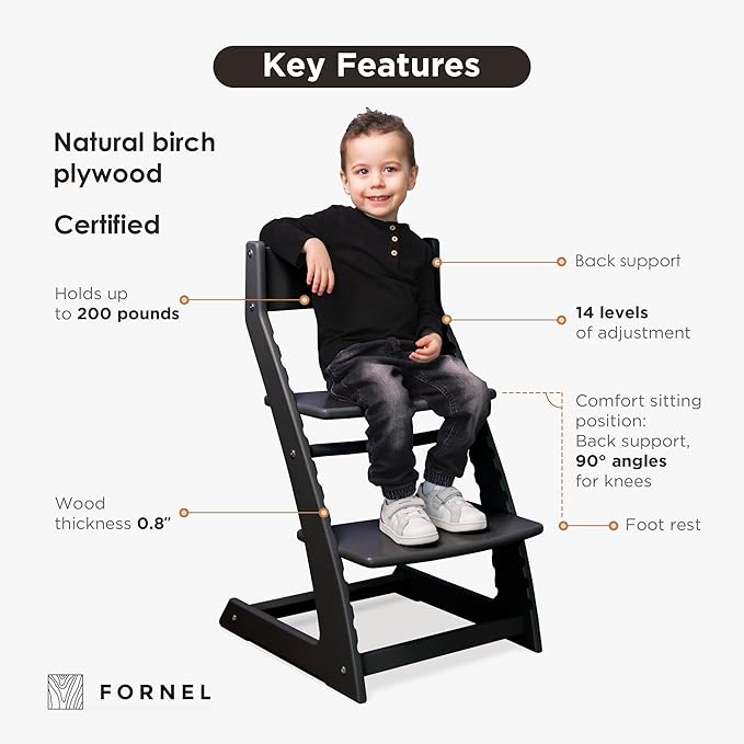 FORNEL Modern Black Wooden High Chair | Adjustable Grow-with-Me Toddler Seat for Age 3 to 15 | Perfect for Minimalist & Industrial Kitchens