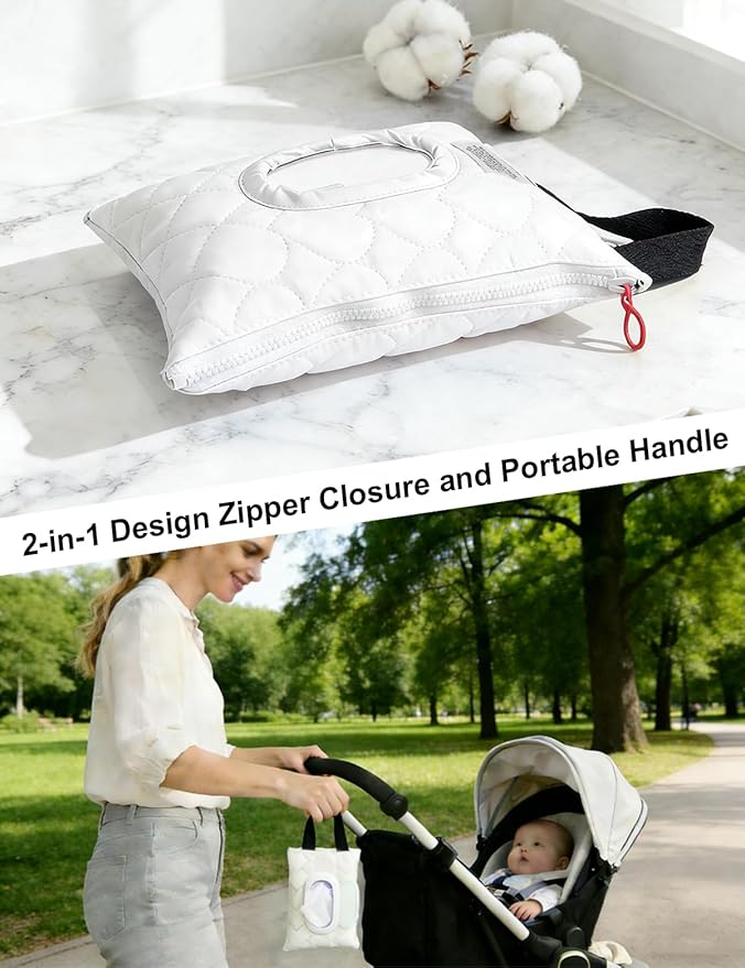 Reusable Baby Wipe Cover Fabric Quilted, Universal Size Travel-Friendly Baby Wipes Bag with Zipper Compatible with HUGGIES,WaterWipes,Pampers,Johnson and More Brands (White)