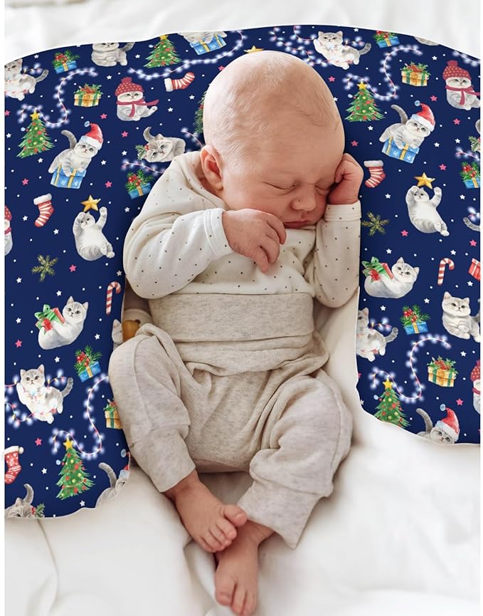 Blue Christmas Holiday Cats Baby Nursing Pillow Covers for Boy Girl Winter Kitten Trees Lights Candy Nursing Pillowcase for Breastfeeding Pillows Cats Lover Gift Soft Stretchy Slipcovers for Newborn