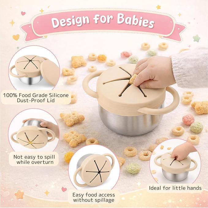 Stainless Steel Snack Containers with Lids, Snack cups with Silicone Food Catcher for Toddlers (Color 2)