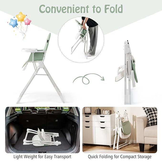 BABY JOY Foldable High Chair, Portable Highchairs for Babies and Toddlers with 3-Position Adjustable Tray & Footrest, Removable Seat Cushion, 5-Point Safety Harness, Space Saving Design (Green)