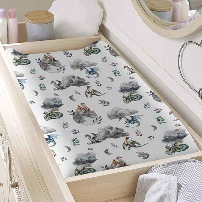 Watercolor Dragons Fairytale Baby Changing Pad Covers Dragon Wings Leaves Moon Clouds Diaper Changing Table Sheets for Boy Girl Soft Breathable Stretch Diaper Change Pad Table Covers Mats 32''x16''