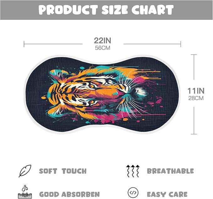 1 Pack Muslin Burp Cloths Tiger Black Print Cotton Baby Burp Cloths Absorbent Soft Burping Cloth Washcloths for Newborn Babies 22x11 Inch