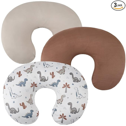 Nursing Pillow Cover Set 3 Pack Nursing Pillow Slipcovers for Moms Breastfeeding Moms, Ultra-Soft Stretchy Fit Standard Nursing Pillows Cream/Brown/Dinosaur