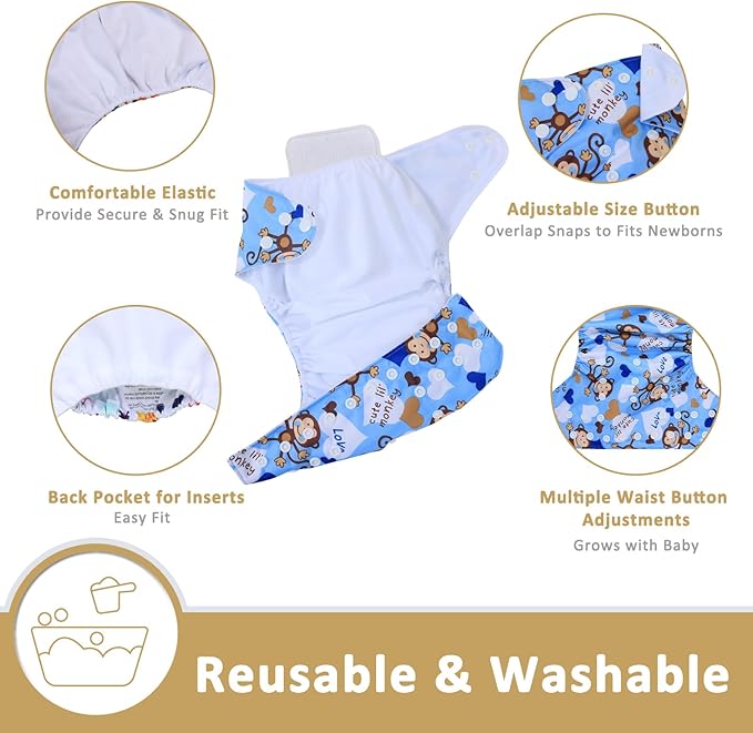 TDIAPERS Cloth Diapers Reusable Washable Pocket Diapers Cover One Size Adjustable for Baby 6 Pack with 12 Inserts