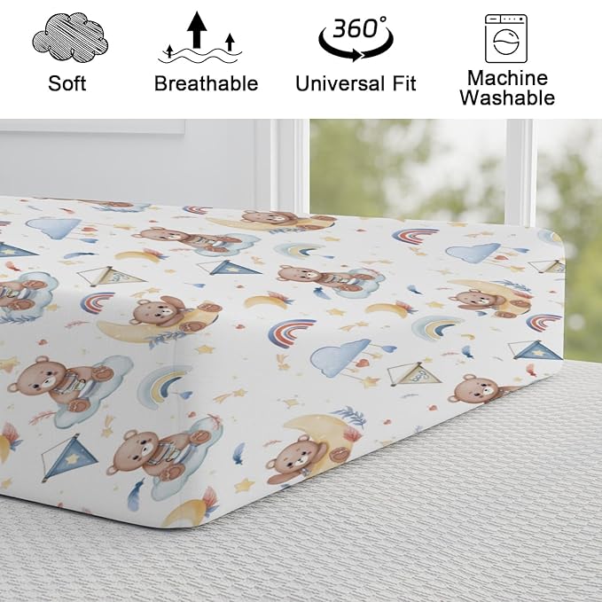Cartoon Cute Bear Boy Changing Pad Covers Blue Bear Rainbow Moon Stars Clouds Leaf Baby Change Table Sheets Cover for Boys Girls Soft Stretchy Diaper Changing Table Mats 32''x16''