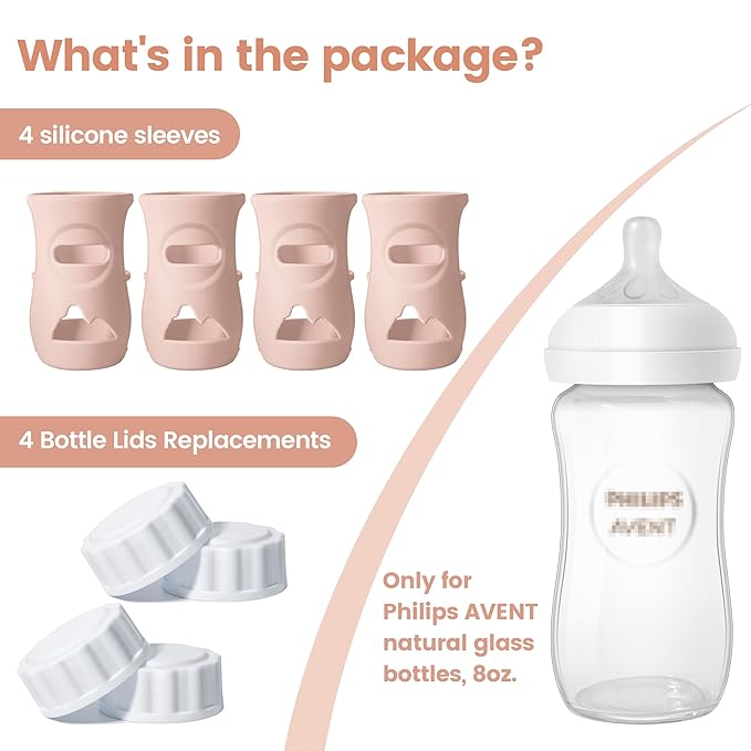 4 Pack Silicone Sleeves for Philips Avent Natural Glass Baby Bottles, Food Grade Silicone Cover and 4pcs Travel Caps, Lids Replacement (4Pink, 8oz)
