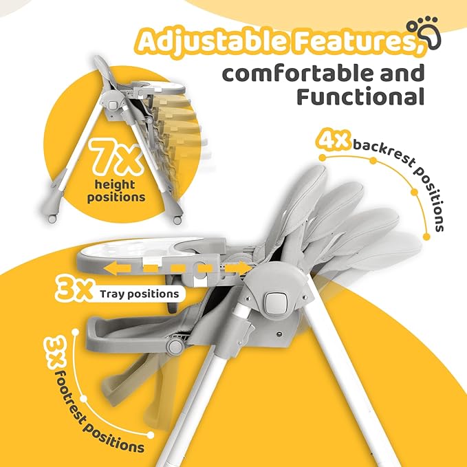 JOYMOR Foldable Baby High Chair, 4 in 1 Convertible Highchair for Eating, Height Adjustble and Multiple Seat Position, Compact Foldable Design for Easy Storage (Gray)