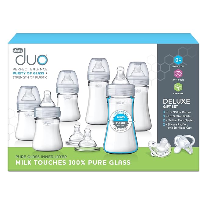 Chicco Duo Hybrid Baby Bottle Newborn Deluxe Giftset, Real Glass Inside, Lightweight Plastic Outside, Patented Invinci-Glass Technology, Intui-Latch Nipple, Clear/Grey