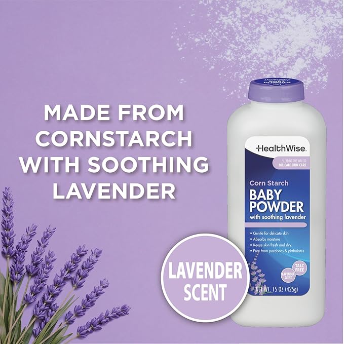 HealthWise Corn Starch Baby Powder | Soothing Lavender Scent | Talc Free | Paraben & Phthalate Free | Absorbs Moisture | 15 oz (425g)
