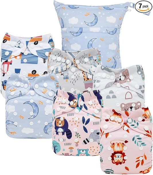 ALVABABY Cloth Diaper Covers 6pcs and 1 Wet Dry Bag, Washable Reusable Diaper Cover with Multi-Functional Bag, Shell for Prefold, Flat or Fitted Cloth Diaper Inserts 6NKZ10