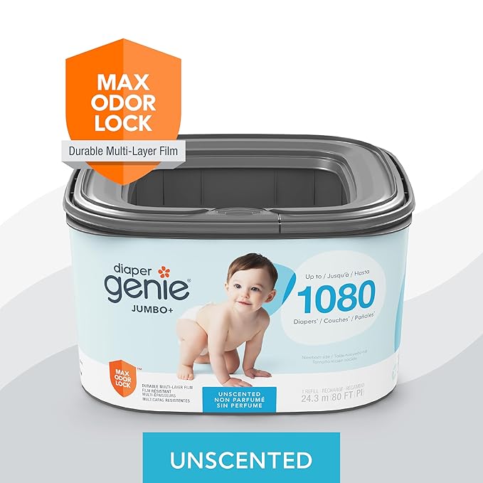 The Diaper Genie Jumbo+ Square Refill,with continuous film,can hold up to 1080 newborn-sized diapers per refill.,(Pack of 12)