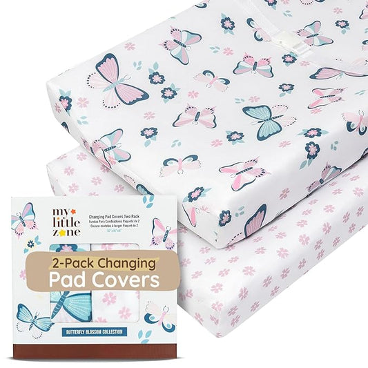 Baby Diaper Changing Pad Covers Table Sheets 32"x16", 8"Deep Pocket - Floral Changing Pad Cover, 100% Cotton Baby Girl Butterfly Nursery Change Pads Sheets 2 Pack, Designed in France, White-Light Pink