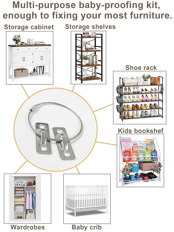 6 Sets Anti Tip Furniture Anchors for Baby Proofing, Earthquake Straps, Furniture Secure to wall Anchors, Childproof and Home Safety, 10in