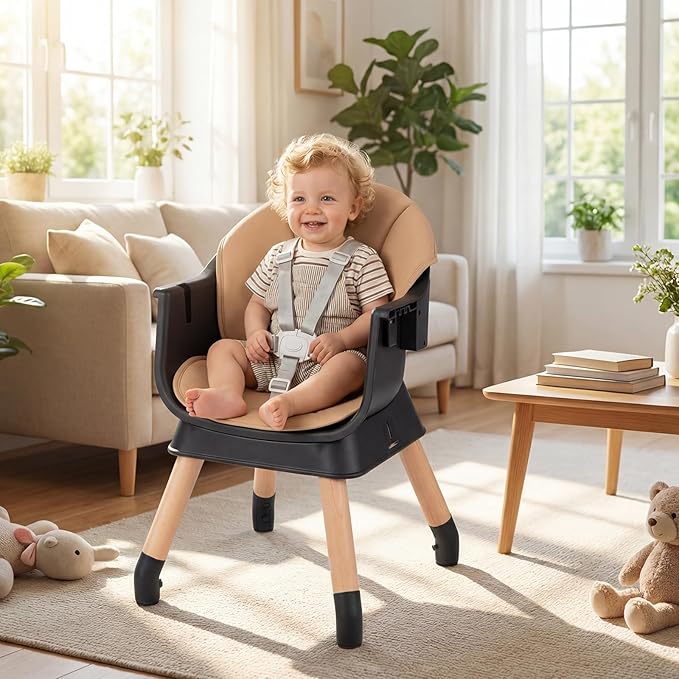 HONEY JOY 9-in-1 Baby High Chair, Convertible Wood Highchair for Babies and Toddlers/Dining Booster Seat/Table & Chair Set, Toddler Stool w/5-Point Safety Harness, Removable Cushion & Tray (Coffee)