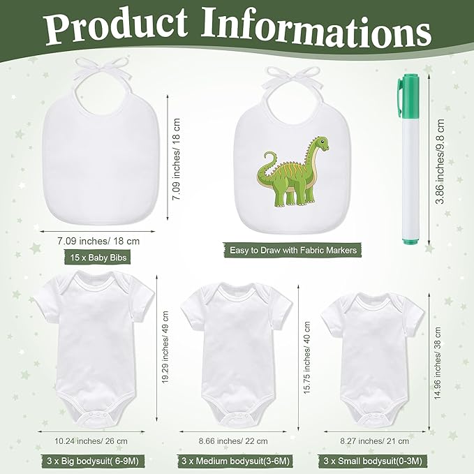 Roowest 35 Pcs Baby Shower Bibs Games Design Wooden Baby Shower Party Game Sign DIY Bodysuit Sign 15 White Blank Bibs 9 Bodysuit 10 Markers for Party Supplies(Greenery)
