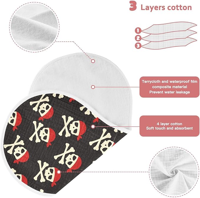 Muslin Burp Cloths for Baby Boys and Girls - 2-Pack Ultra Absorbent Pirate Skull Muslin Washcloths, Newborn Towel, Milk Spit Up Rags, Burp Cloth Bibs for Unisex, 22 x 11 Inch